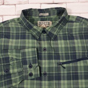 Duluth Untucked Shirt Mens XL Nylon Camp Hike Travel Work Green Blue Plaid Nylon